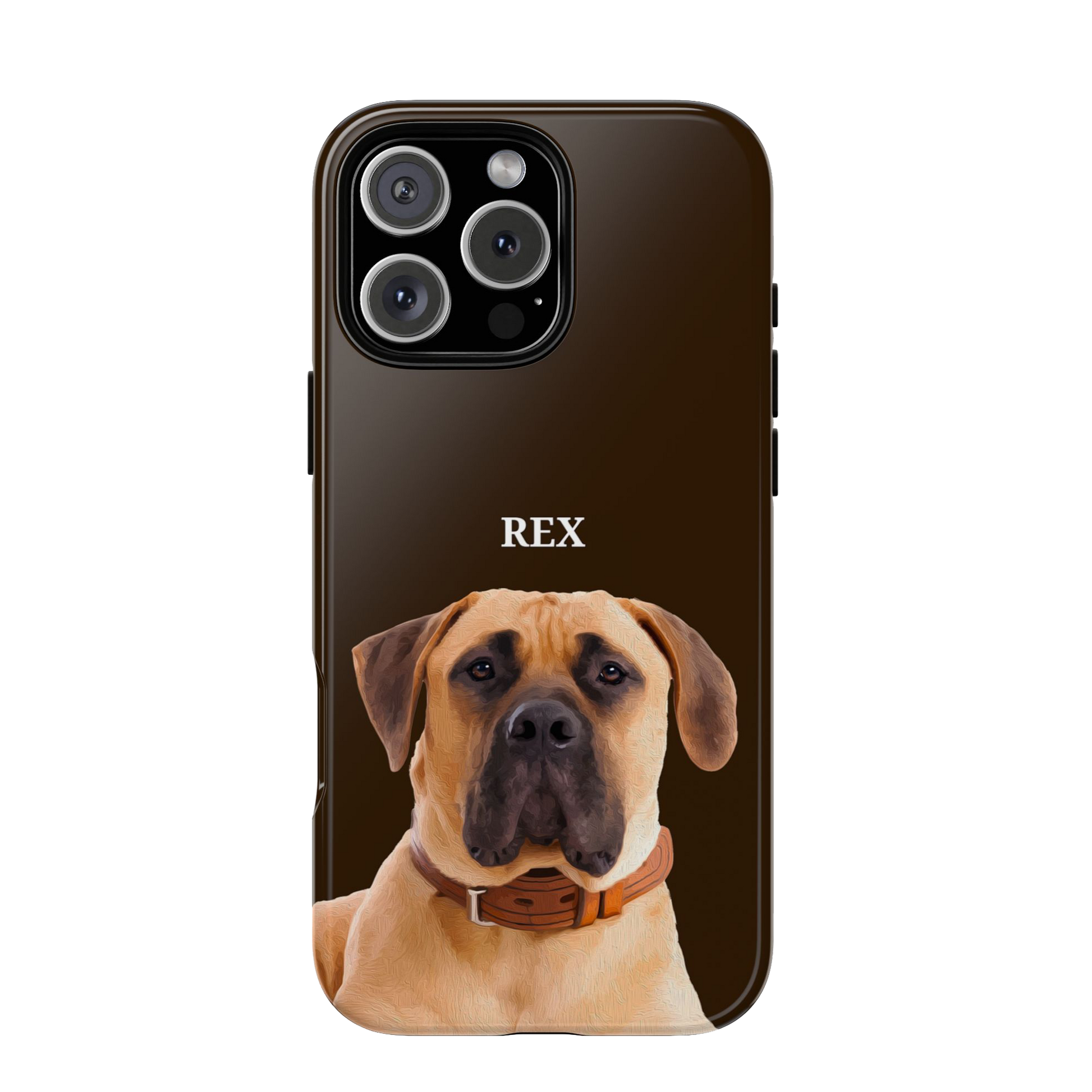 Phone case with a dog's face and name 'Rex' on a brown background