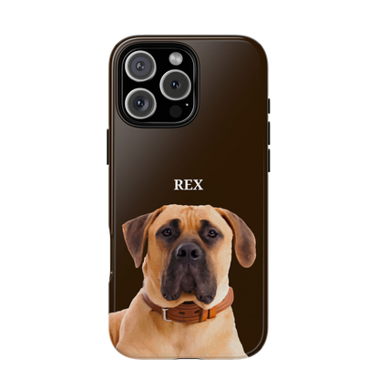 Phone case with a dog's face and name 'Rex' on a brown background