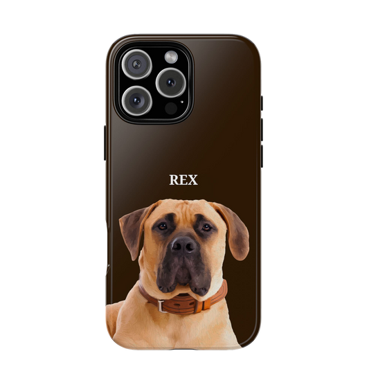 Phone case with a dog's face and name 'Rex' on a brown background